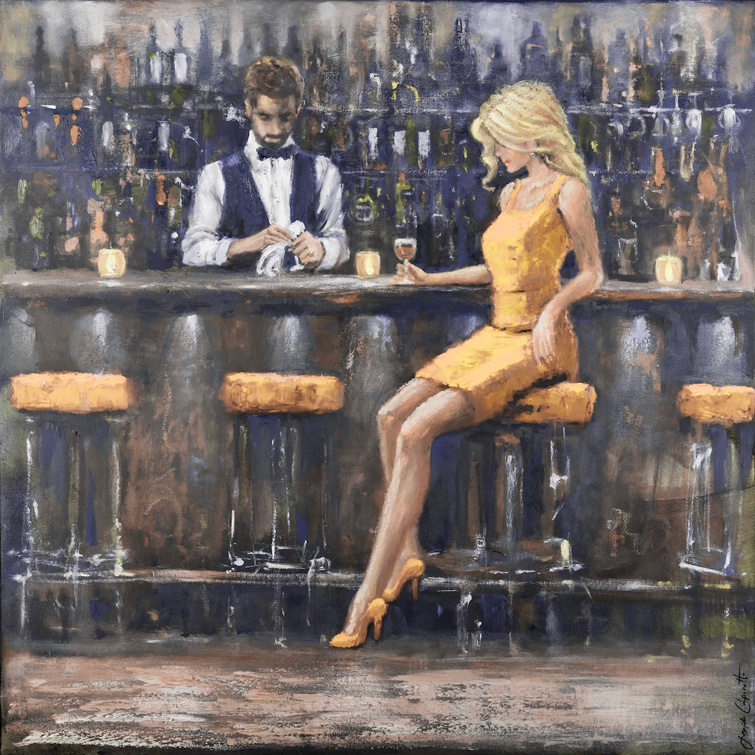 Limited fine art canvas print featuring a figurative scene of a blonde woman in a yellow dress sitting at a bar with a. - One Lonely Night/#684/B - Color, Figurative, Oranges, Prints, Subject Matter, Yellows