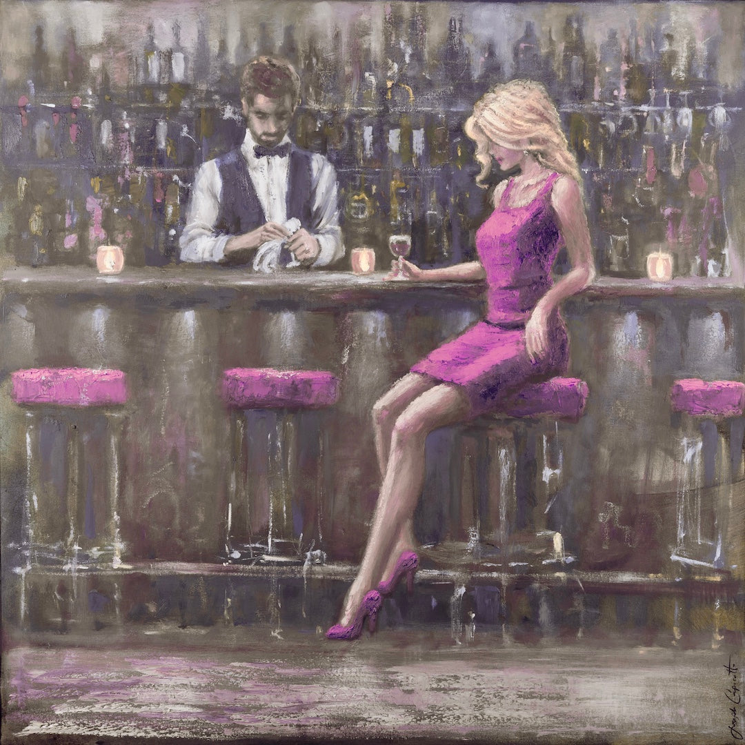 Limited fine art print of a figurative scene with a woman in a purple dress sitting at a bar, a bartender behind rich brown. - One Lonely Night/#684/C - Color, Figurative, Prints, Purples, Subject Matter