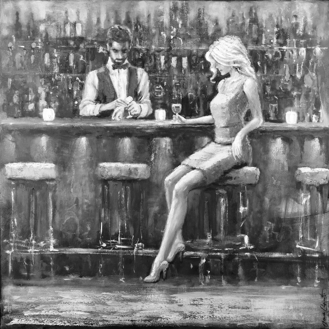 Black and white fine art print depicting a woman seated elegantly at a bar counter with a bartender in the background,. - One Lonely Night/#684/D - Black & White, Color, Figurative, Prints, Subject Matter