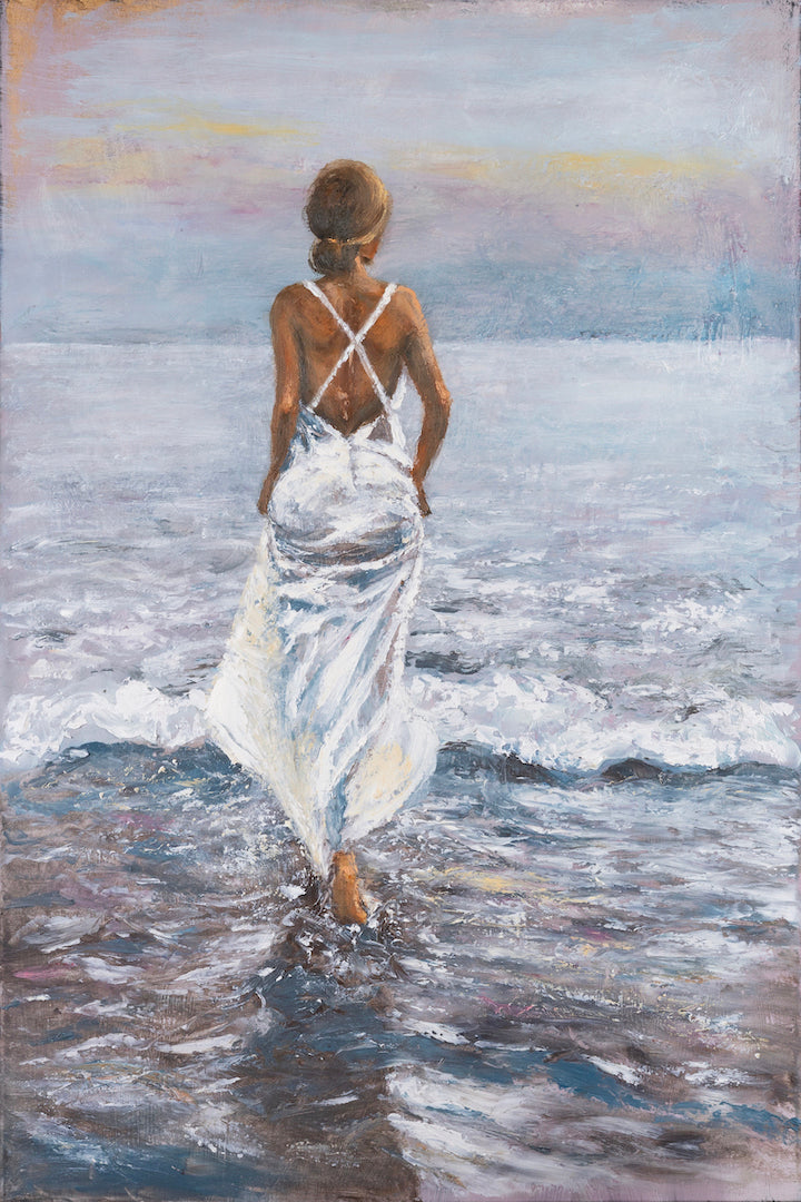 Gallery-level fine art of a woman in a flowing white satin dress standing barefoot at the shoreline with soft waves and a. - White Satin Woman/AP/#686 - Artist Proofs, Figurative AP, Landscape AP, Rolled Canvas, Water Scenes AP