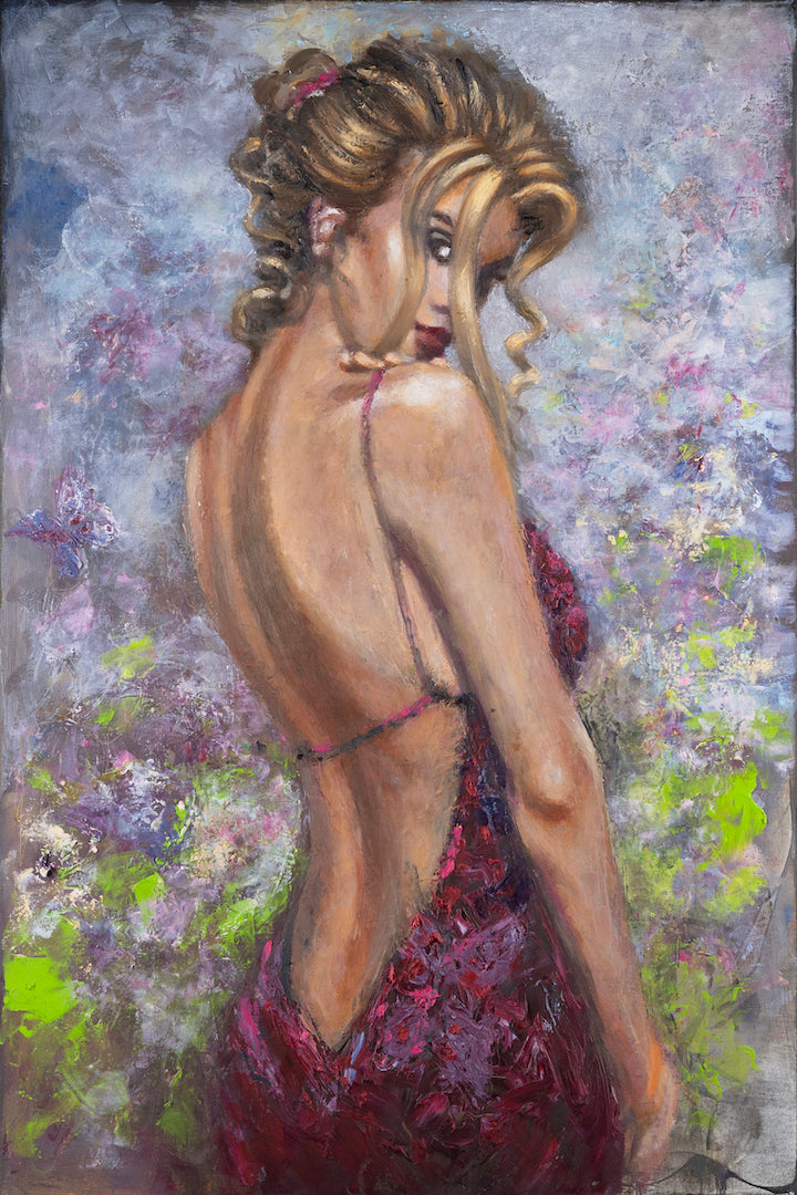 Richly textured fine art canvas depicting a figurative woman with an exposed back in a deep red dress, highlighted by. - At a Glimpse/AP/#687 - Artist Proofs, Figurative AP, Rolled Canvas