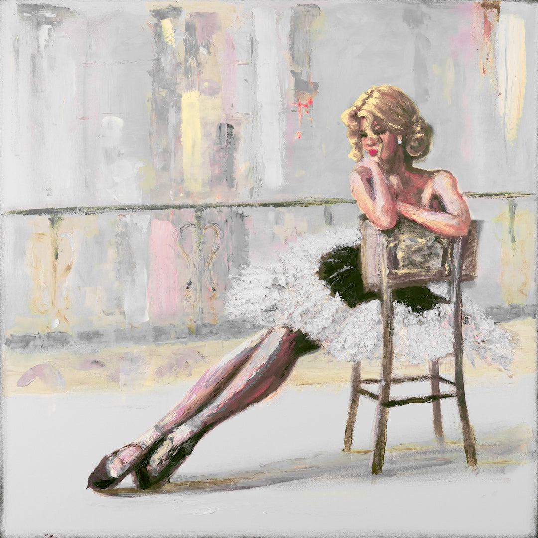 Gallery-level fine art print of a ballerina in a white tutu seated on a wooden chair, soft yellows and muted tones with rich . - Ballerina Dreams/#691/A - Color, Dancers, Figurative, Prints, Subject Matter, Yellows
