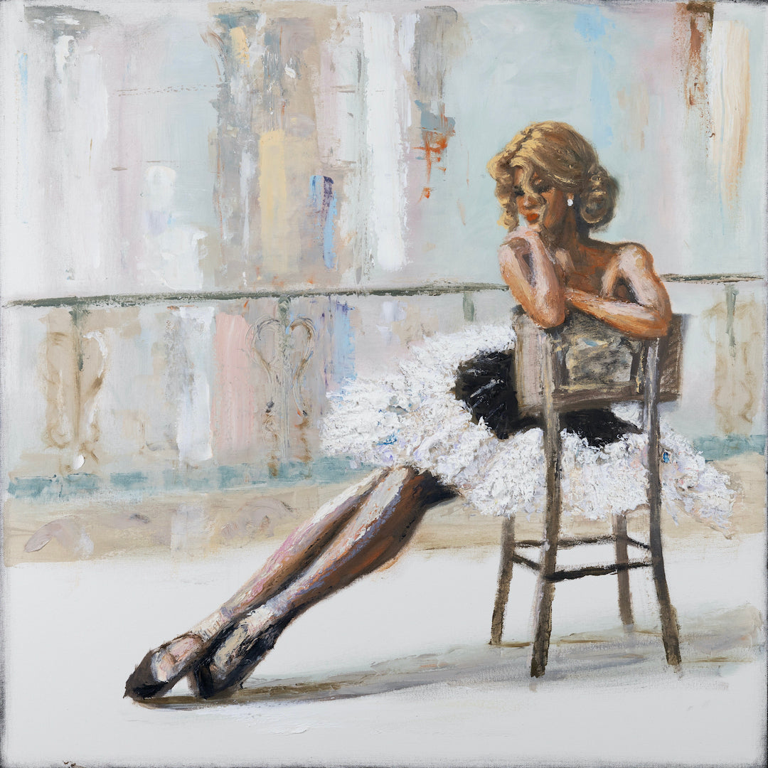 Fine art gallery-level painting of a ballerina in a white tutu seated on a wooden chair, rendered with rich brushstrokes and . - Ballerina Dreams/AP/#691 - Artist Proofs, Dancers AP, Figurative AP, Rolled Canvas