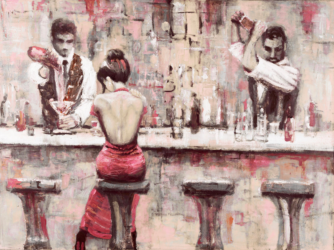 Limited fine art canvas print showcasing a rich figurative scene of a woman in a red dress seated at a bar counter with two. - Bar Stool Blues/#694/B - Color, Figurative, Prints, Reds, Subject Matter