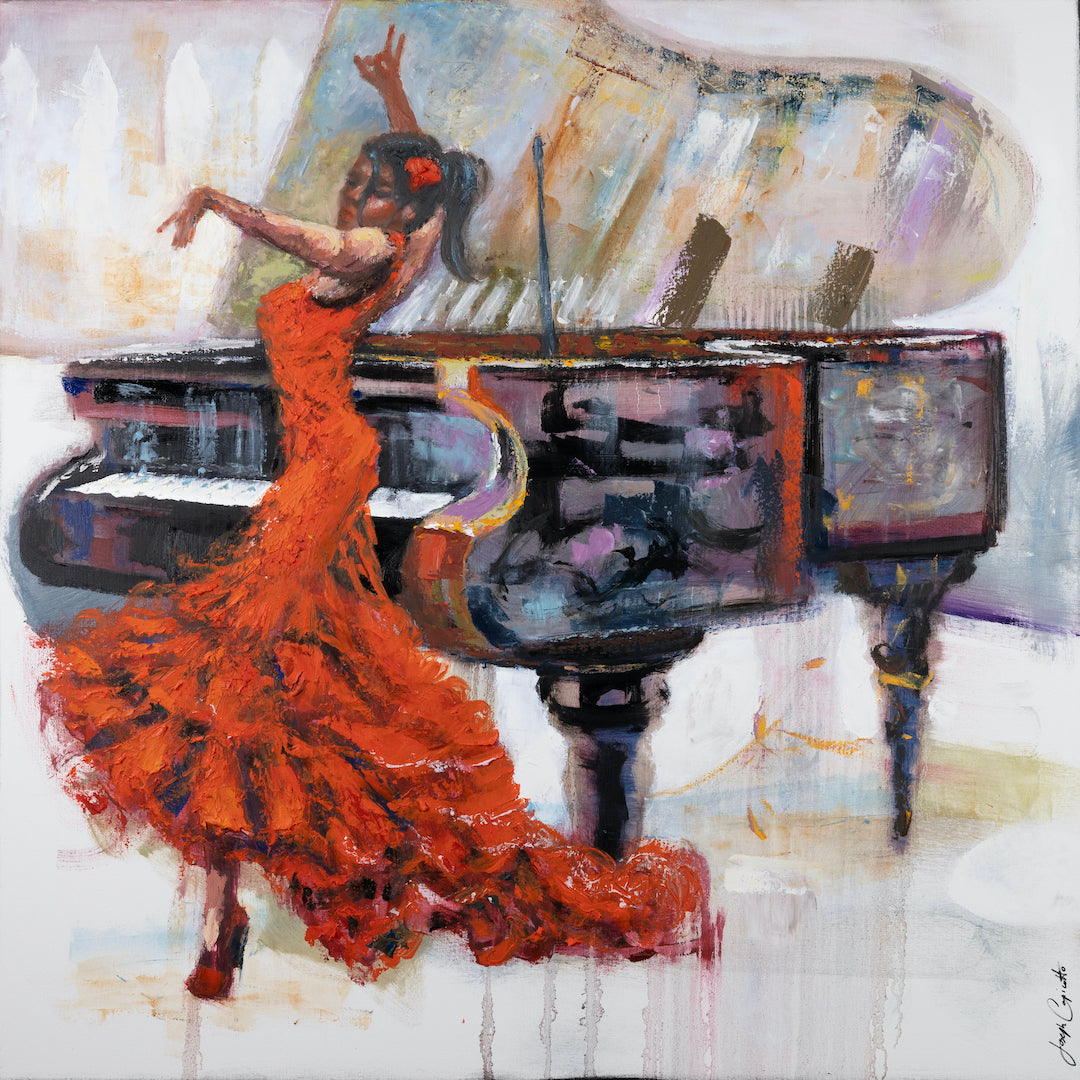 Limited fine art canvas showing a rich, gallery-level depiction of a dancer in a vibrant red dress performing beside a grand . - Opening Act/AP/#696 - Artist Proofs, Dancers AP, Figurative AP, Rolled Canvas, Women & Piano AP