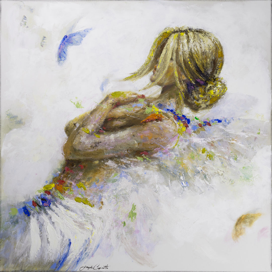 Gallery-level fine art depicting a young girl in soft yellows and blues with rich brushstrokes and delicate craftsmanship,. - A Girl's Best Friend/#697/B - Blues, Color, Diamond, Figurative, Prints, Subject Matter, Yellows