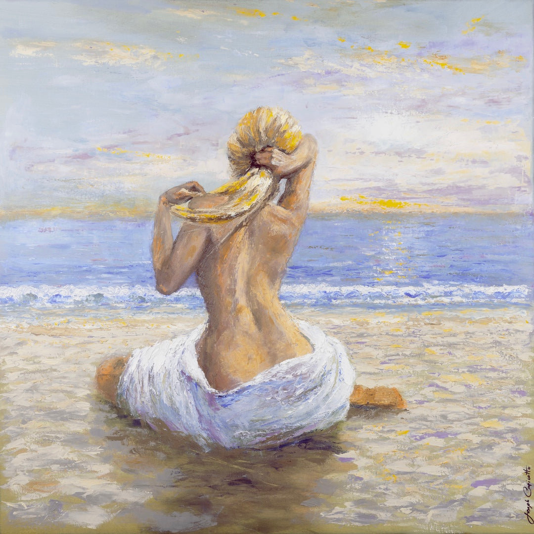 Fine art canvas print showing a golden-haired woman seated on sandy beach, facing blue water and pastel sky, rich yellows. - Golden Girl/#698/A - Blues, Color, Figurative, Landscape, Oranges, Prints, Subject Matter, Water Scenes, Yellows