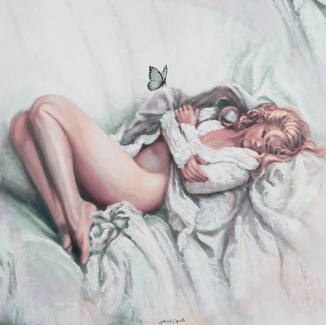 Gallery-level fine art print depicting a reclining nude figure in soft greens and reds, embracing a pillow with delicate. - Chrysalis/#703/B - Color, Figurative, Greens, Prints, Reds, Subject Matter