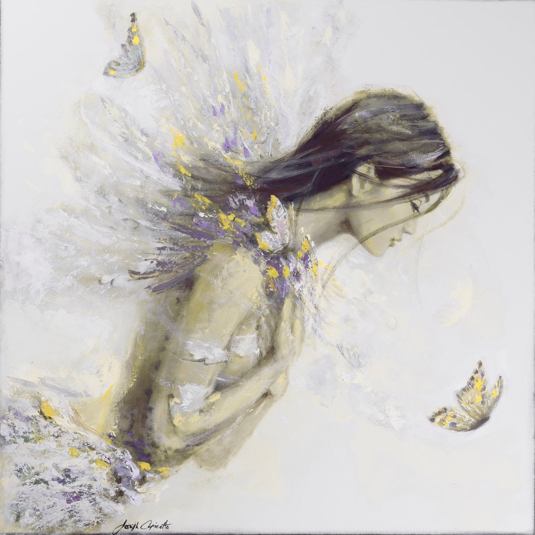 Fine art canvas print of a girl with dark hair surrounded by abstract yellow and white brushstrokes, two yellow butterflies. - Butterfly Girl (series)/#706/A - Color, Diamond, Figurative, Prints, Subject Matter, Yellows