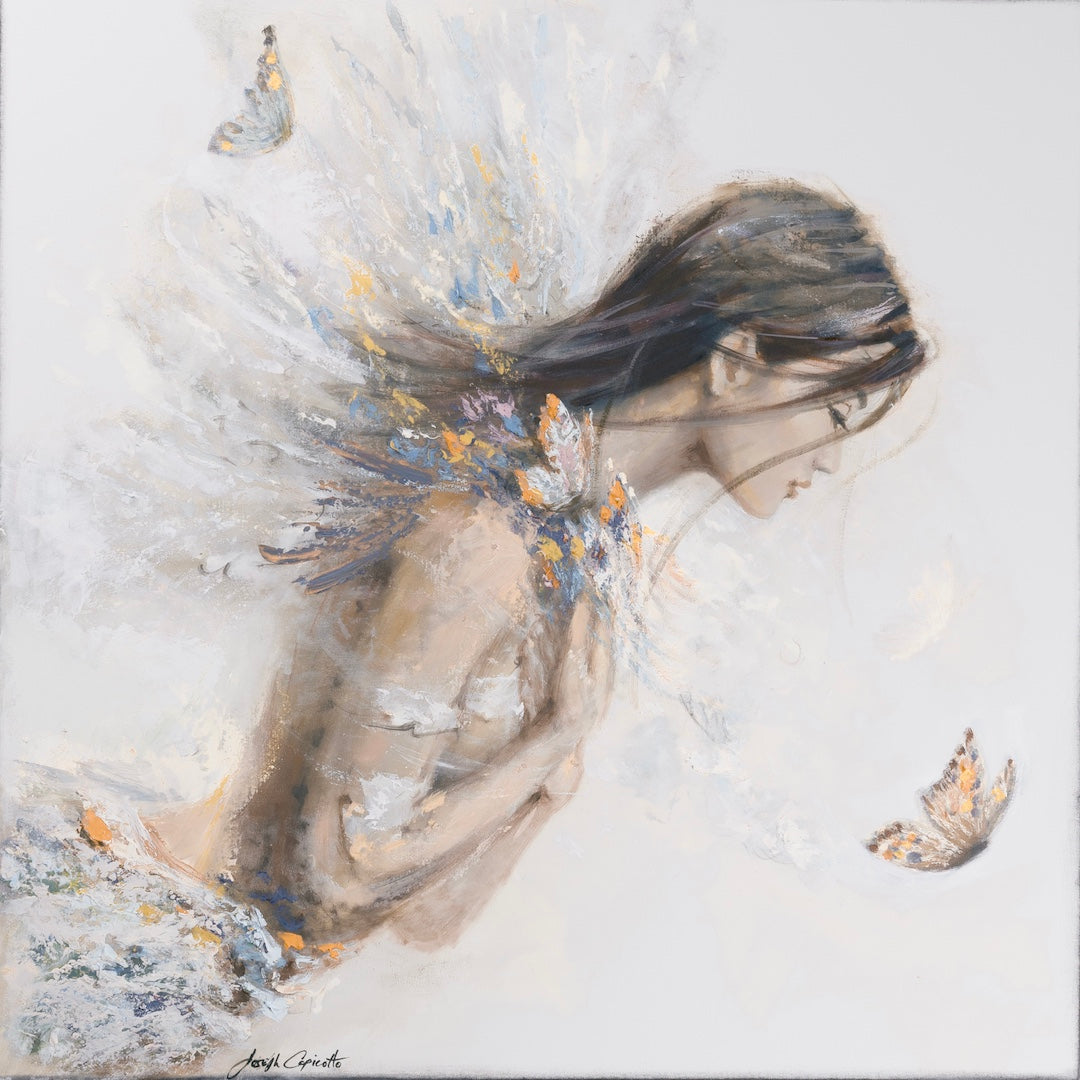 Fine art canvas displaying a gallery-level figurative portrait of a girl in muted blues and oranges with butterfly motifs,. - Butterfly Girl (series)/#706/C - Blues, Color, Diamond, Figurative, Oranges, Prints, Subject Matter
