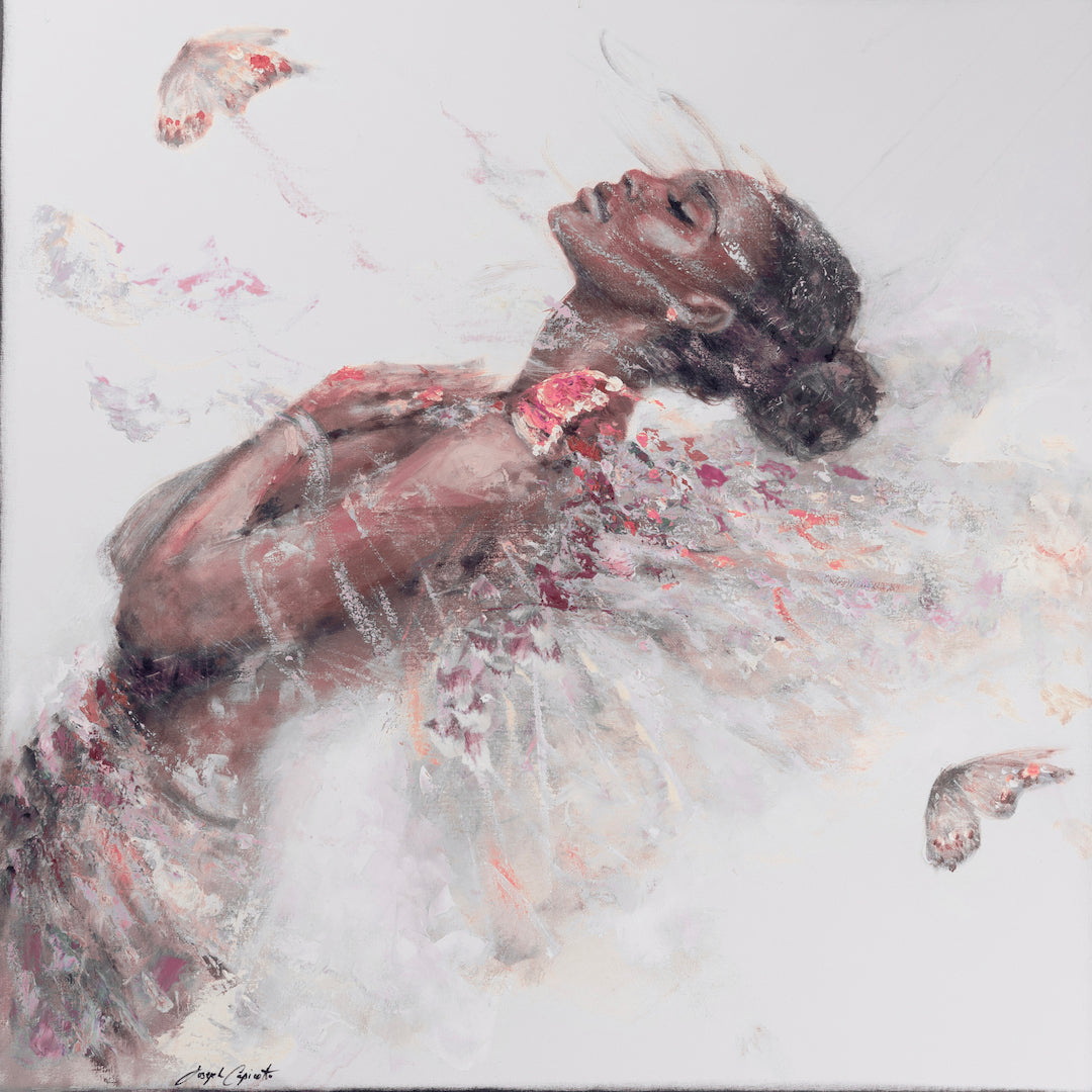 Limited fine art canvas featuring a rich, gallery-level figurative portrait of a girl in reds with detailed diamond-like. - Butterfly Girl (series)/#707/B - Color, Diamond, Figurative, Prints, Reds, Subject Matter