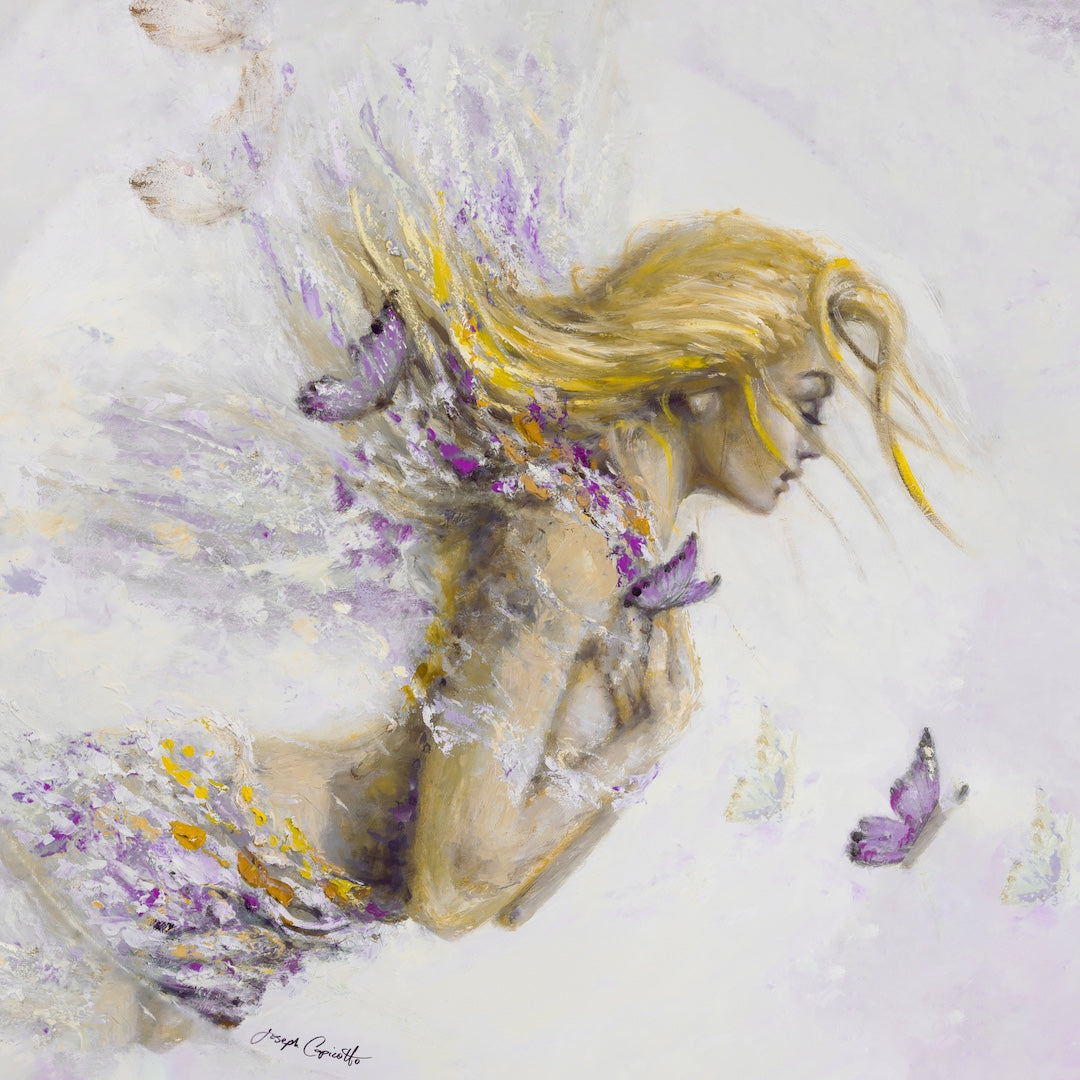 Limited fine art canvas print depicting a blonde girl with closed eyes surrounded by purple butterflies and swirling yellow. - Butterfly Girl (diamond series)/#709/A - Color, Diamond, Figurative, Prints, Purples, Subject Matter, Yellows
