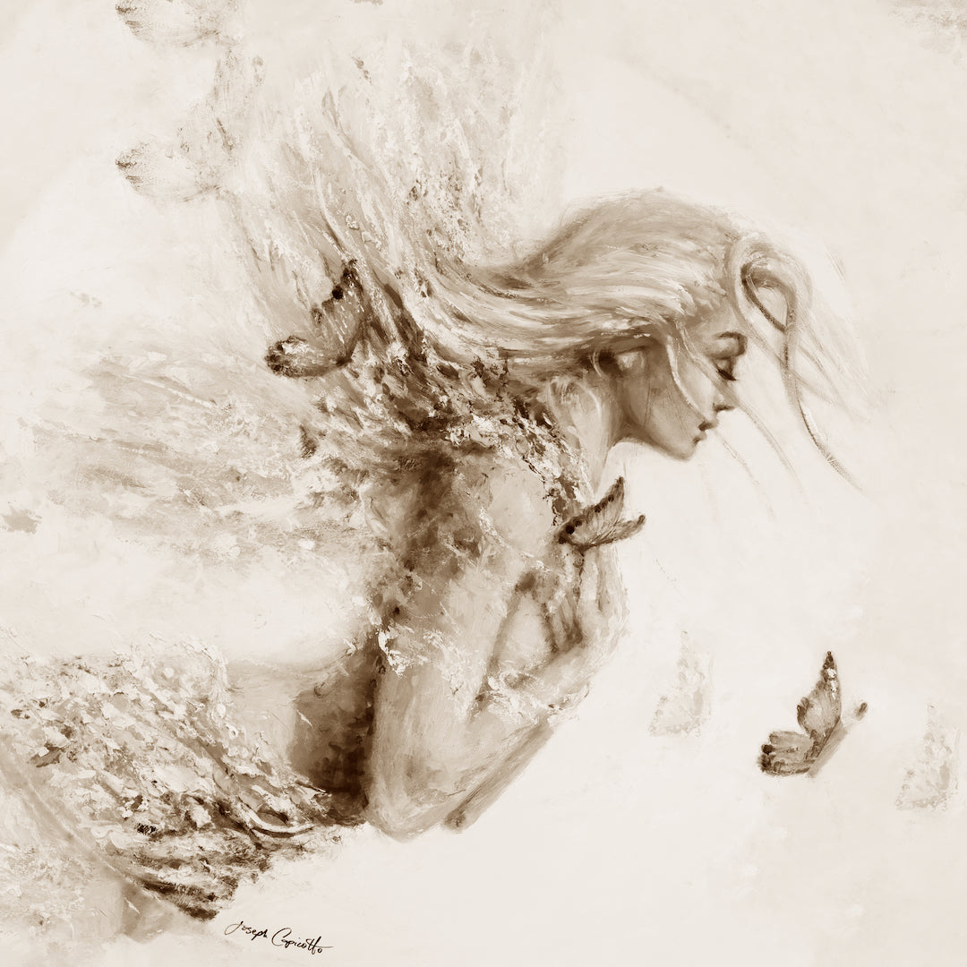 Sepia-toned fine art print of a girl with flowing hair transforming into delicate butterflies, showcasing rich craftsmanship . - Butterfly Girl (diamond series)/#709/E - Color, Diamond, Figurative, Prints, Sepia, Subject Matter