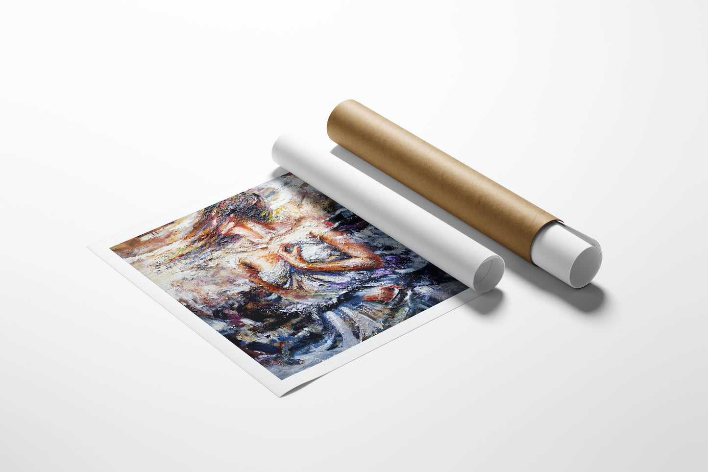 Rolled canvas fine art titled "Rapture in Purple" featuring rich, abstract brushstrokes of purple, orange, and white with. - Rapture in Purple/AP/#70 - Artist Proofs, Figurative AP, Rolled Canvas