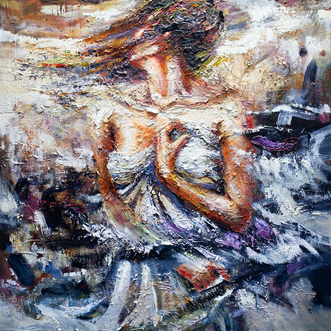 Rich, expressive fine art figurative painting of a woman in motion with flowing hair and textured brushstrokes in warm. - Rapture in Purple/AP/#70 - Artist Proofs, Figurative AP, Rolled Canvas