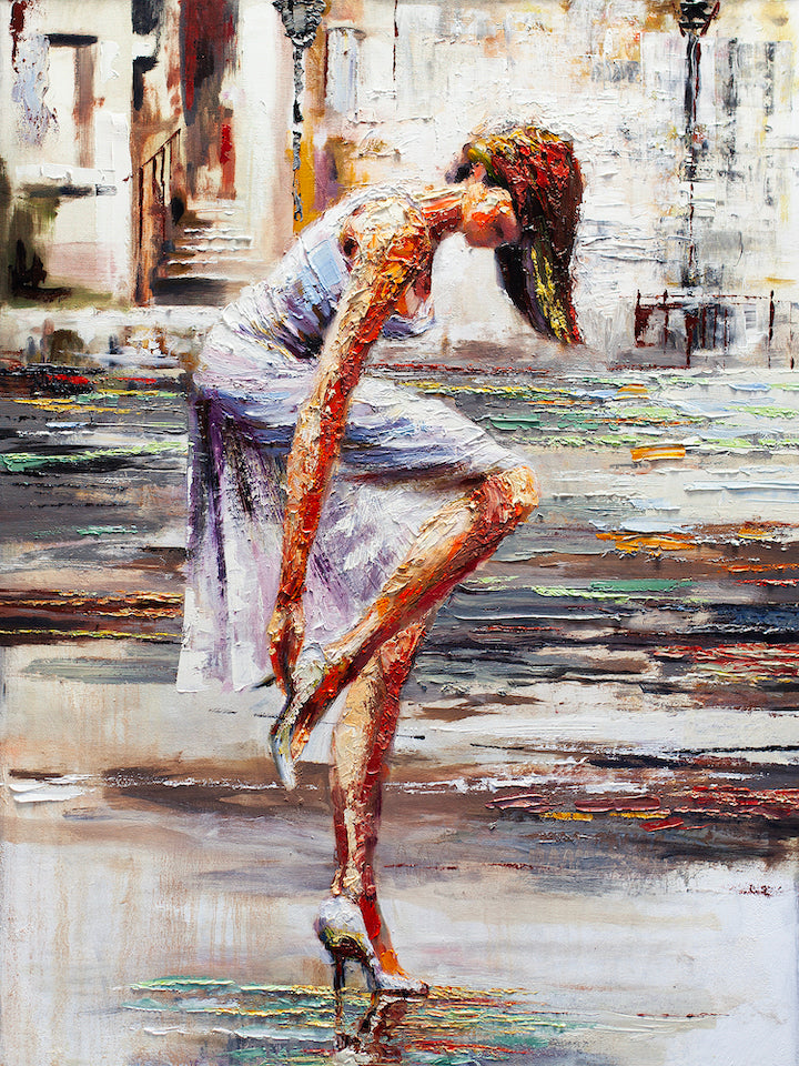 Fine art gallery-level painting of a slender woman in a white dress adjusting her high heel, rich textured brushstrokes,. - After the Rain/AP/#71 - Artist Proofs, Figurative AP, Rolled Canvas
