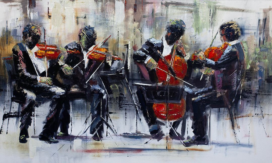 Rich, expressive fine art of four musicians playing string instruments, painted with dynamic brushstrokes and a textured. - Sounds of the Soul/AP/#72 - Artist Proofs, Figurative AP, Rolled Canvas
