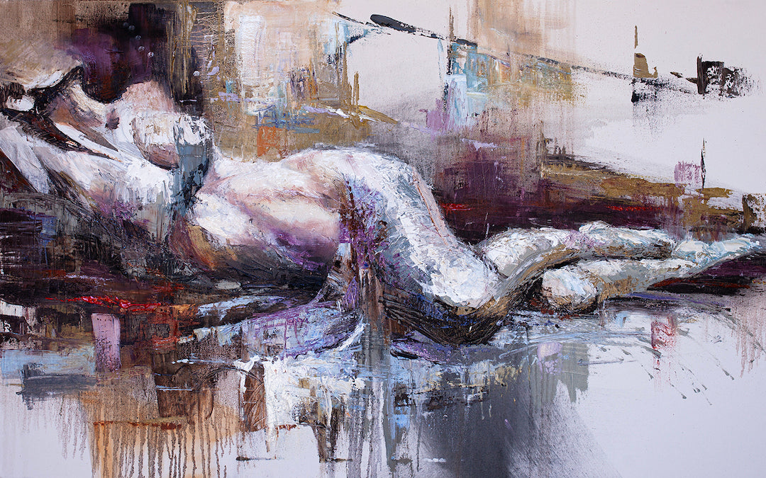 Rich, gallery-level fine art of a nude reclining female figure in muted purples, browns, and creams with textured,. - Birth of Venus/AP/#75 - Artist Proofs, Figurative AP, Rolled Canvas