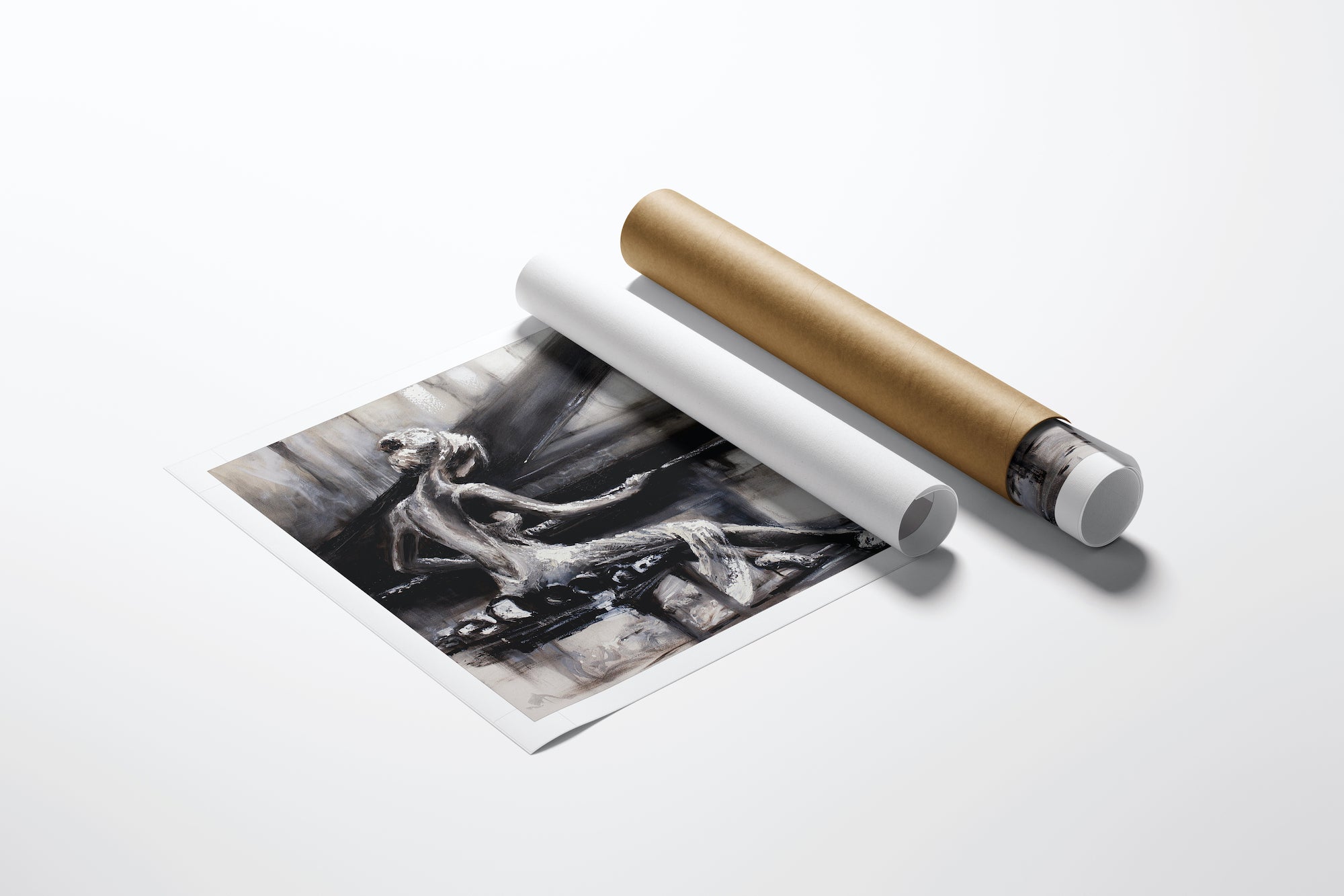 Limited gallery-level fine art print titled Ebony and Ivory/AP/#80, featuring a rich black and white figurative scene of a. - Ebony and Ivory/AP/#80 - Artist Proofs, Figurative AP, Rolled Canvas, Women & Piano AP