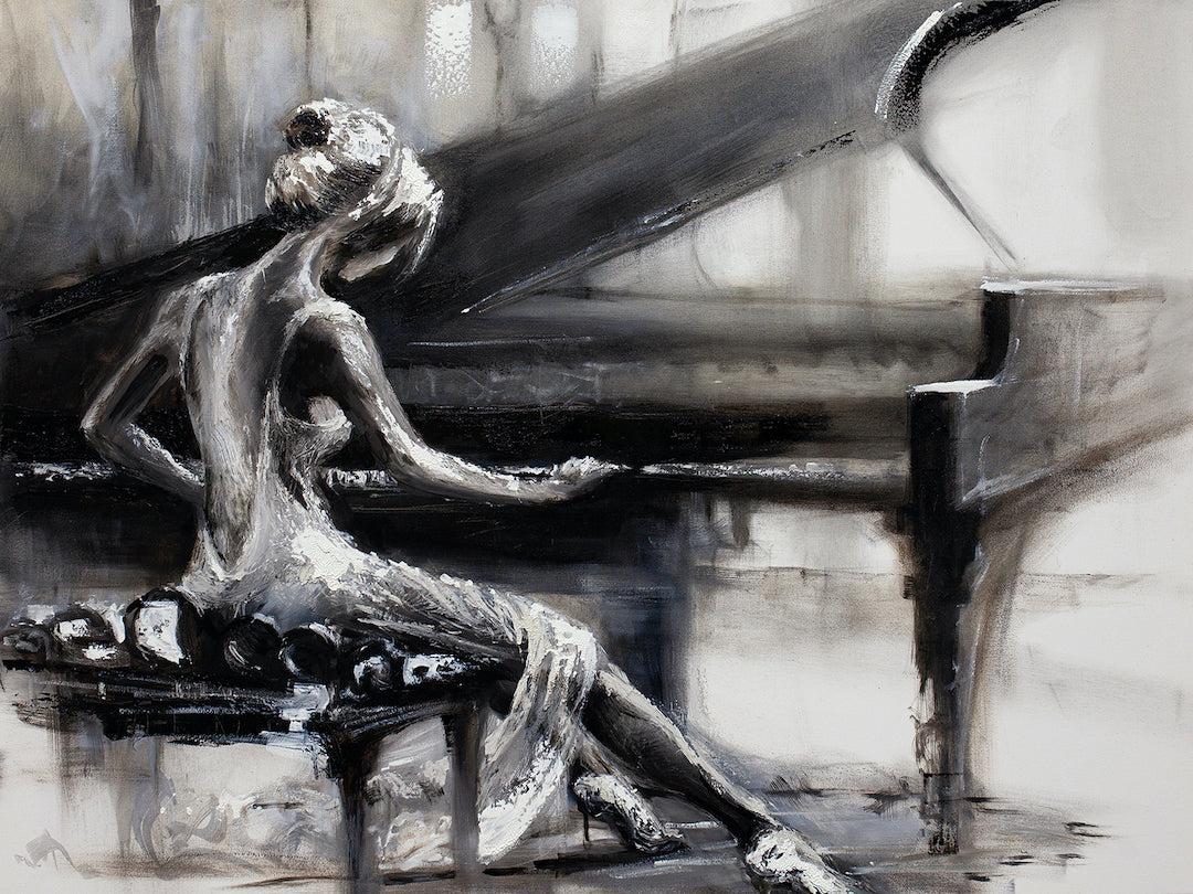 Rich fine art depicting a graceful woman seated at a grand piano in muted tones, showcasing gallery-level craftsmanship and. - Ebony and Ivory/AP/#80 - Artist Proofs, Figurative AP, Rolled Canvas, Women & Piano AP
