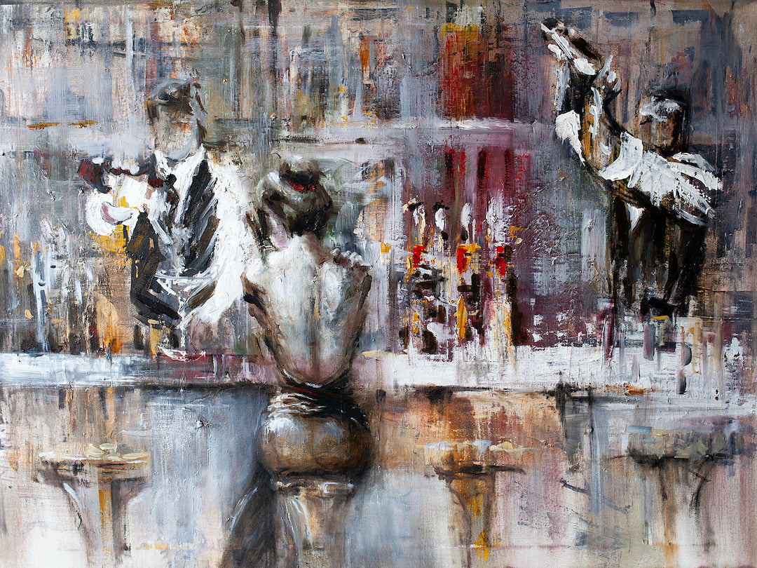 Limited fine art painting featuring a blurred, expressive bar scene with three figures in muted earth tones, rich texture,. - Left Behind/AP/#83 - Artist Proofs, Figurative AP, Rolled Canvas
