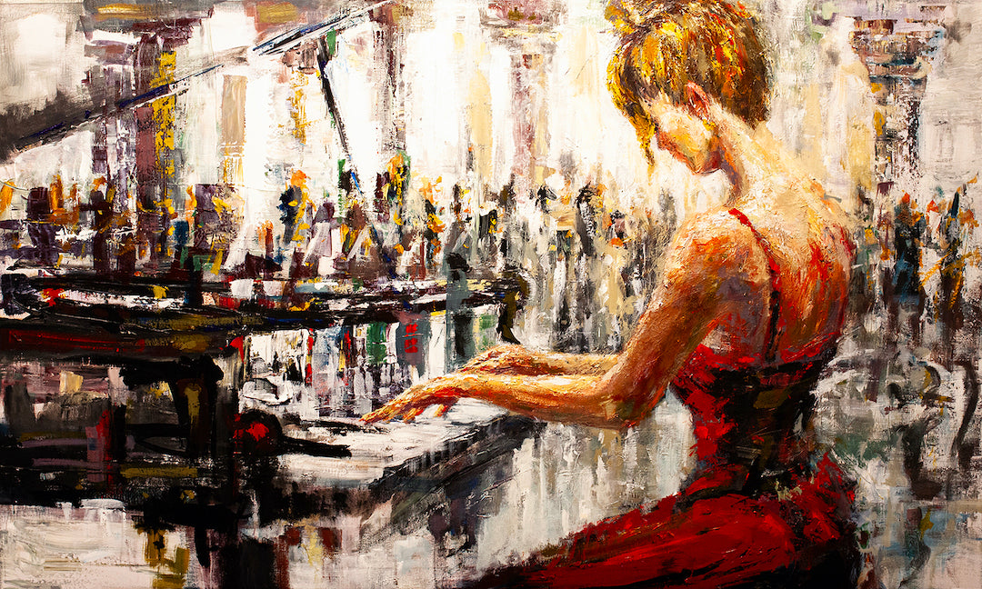 Richly textured fine art canvas depicting a woman in a red dress playing piano, showcasing gallery-level craftsmanship and. - Sounds of Passion/AP/#88 - Artist Proofs, Figurative AP, Rolled Canvas, Women & Piano AP